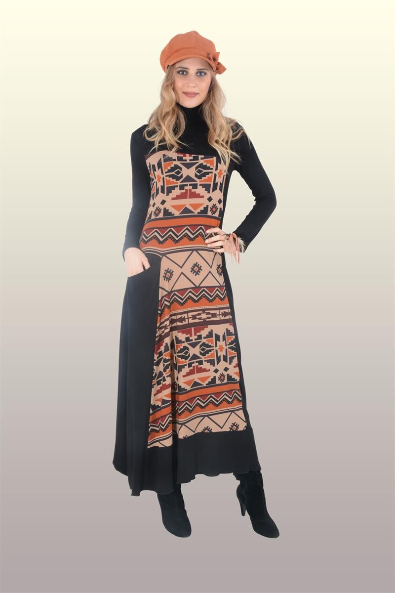 Otantik Giyim-715-Etnik Desenli Elbise-Siyah
