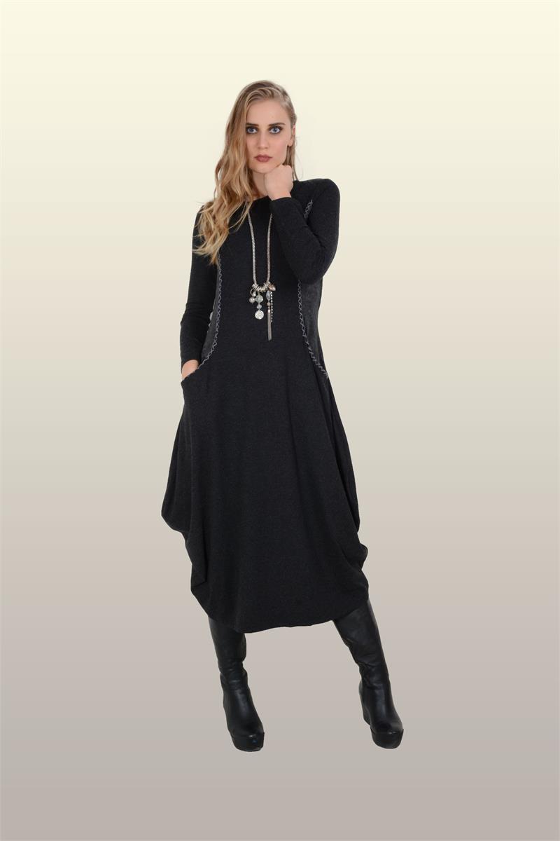 Otantik Giyim-714-Yün Viskon Elbise -Siyah
