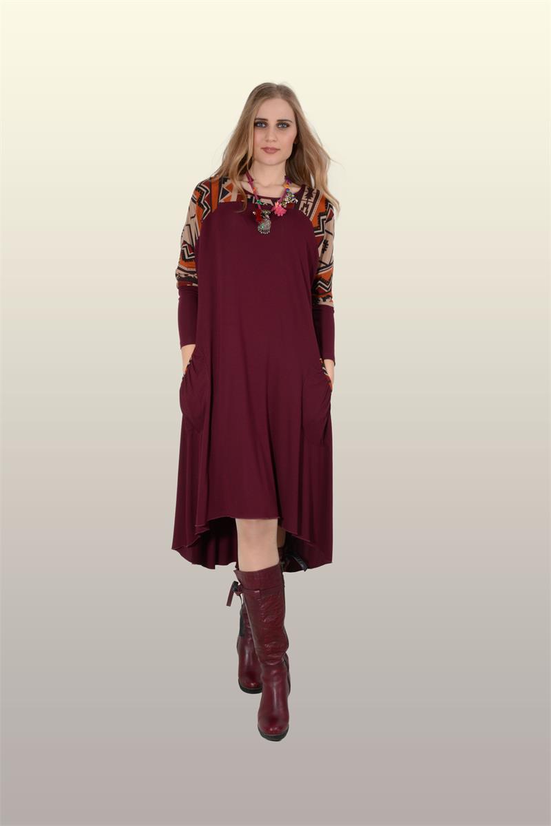 Otantik Giyim-724-Yarasa Kol Elbise- Bordo
