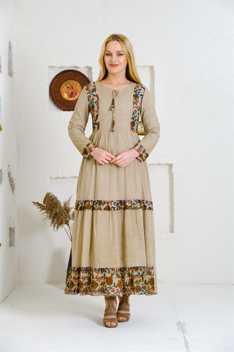 4562 Camel Otantik Elbise