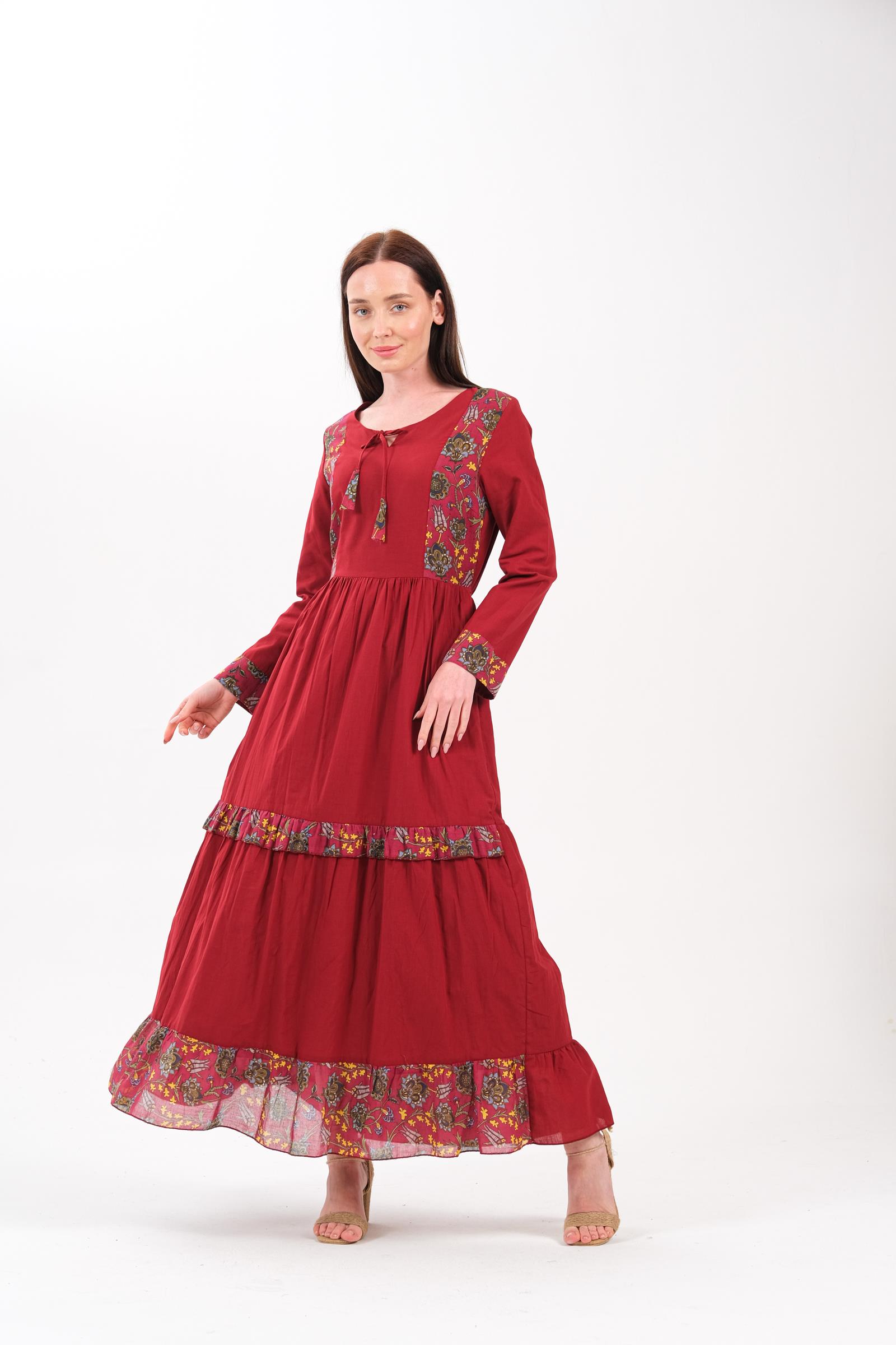 4562 Desenli Otantik Bordo Elbise 
