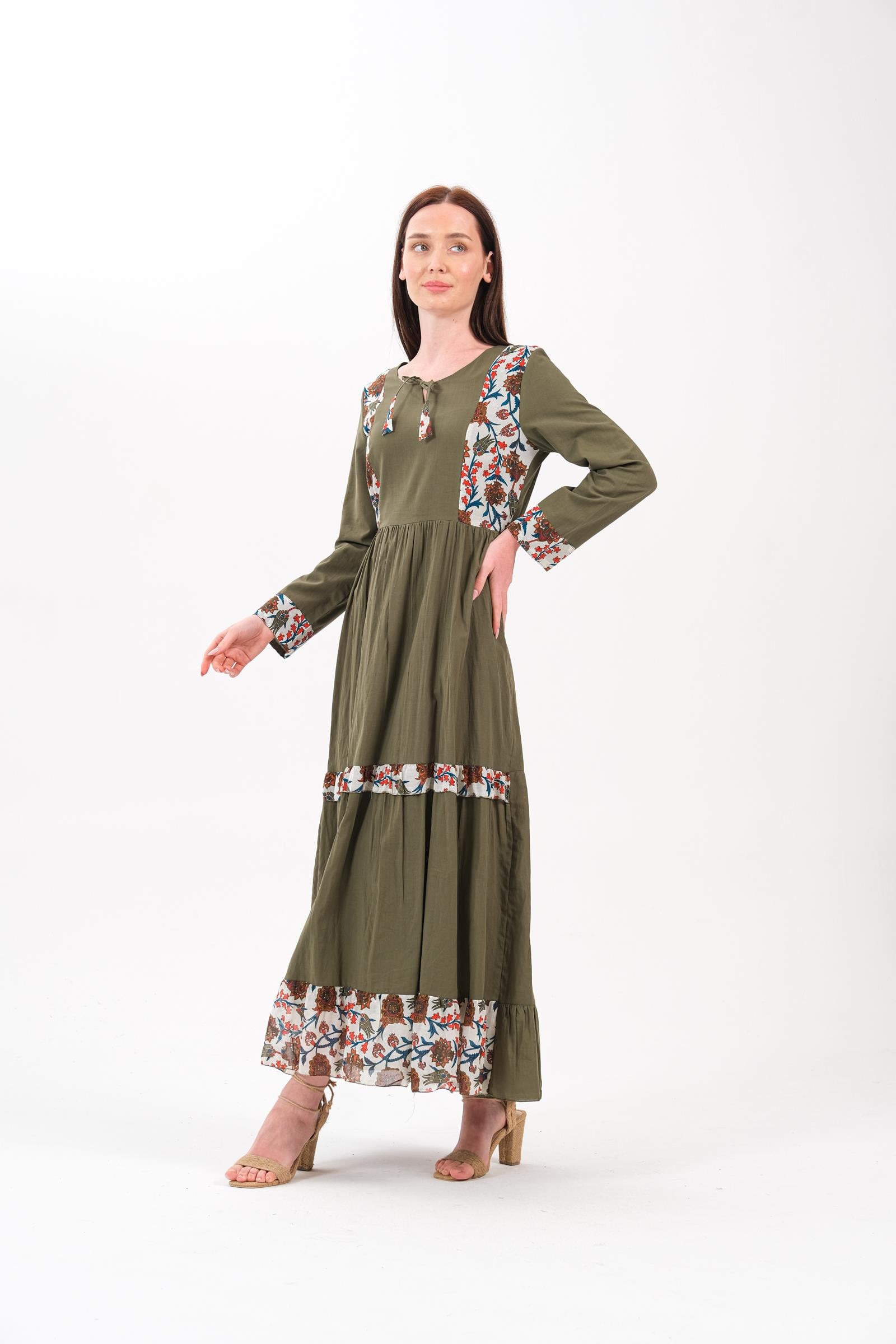 4562 Desenli Otantik Haki Elbise 