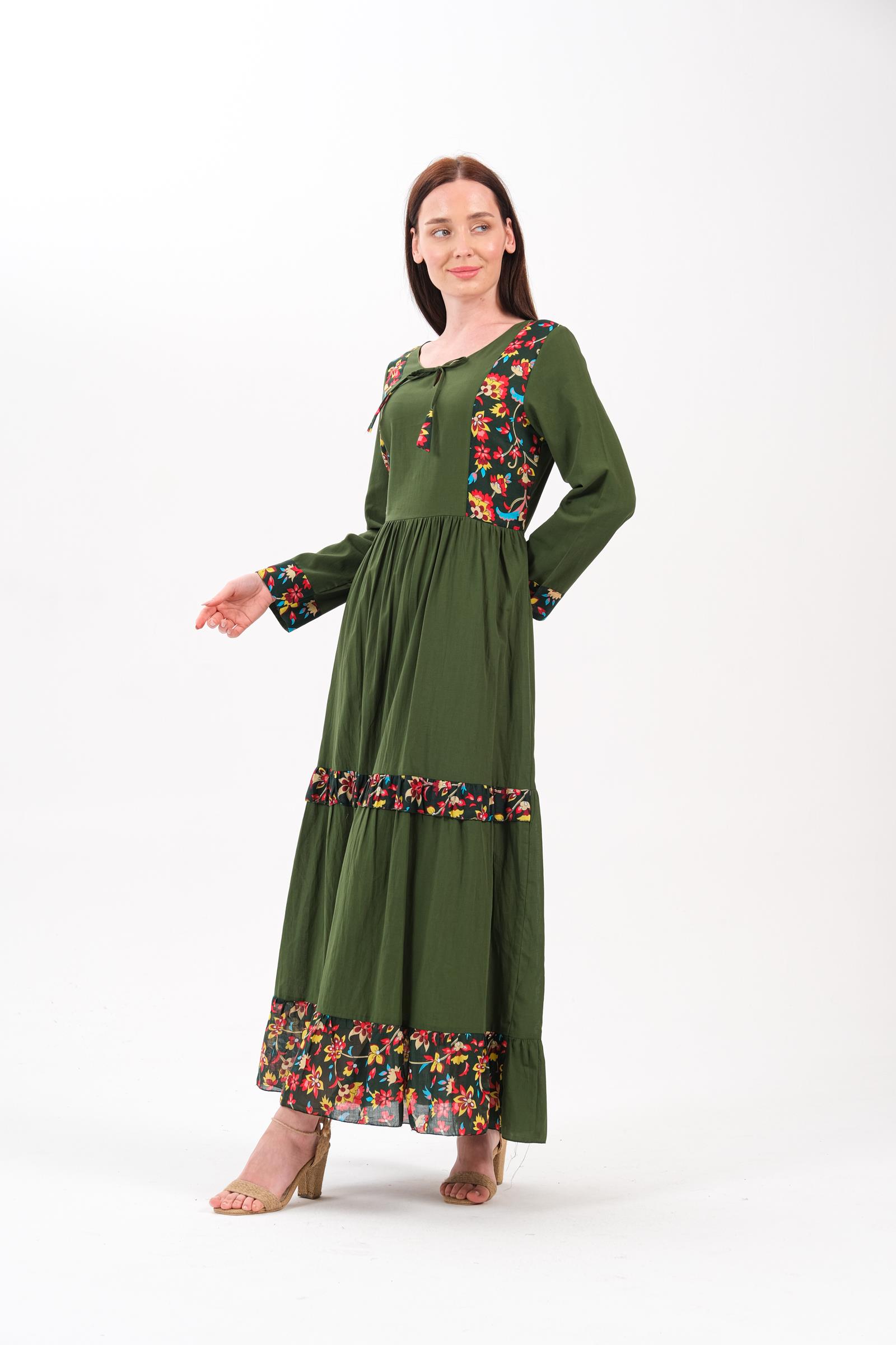 4562 Desenli Otantik K.Yeşil Elbise 