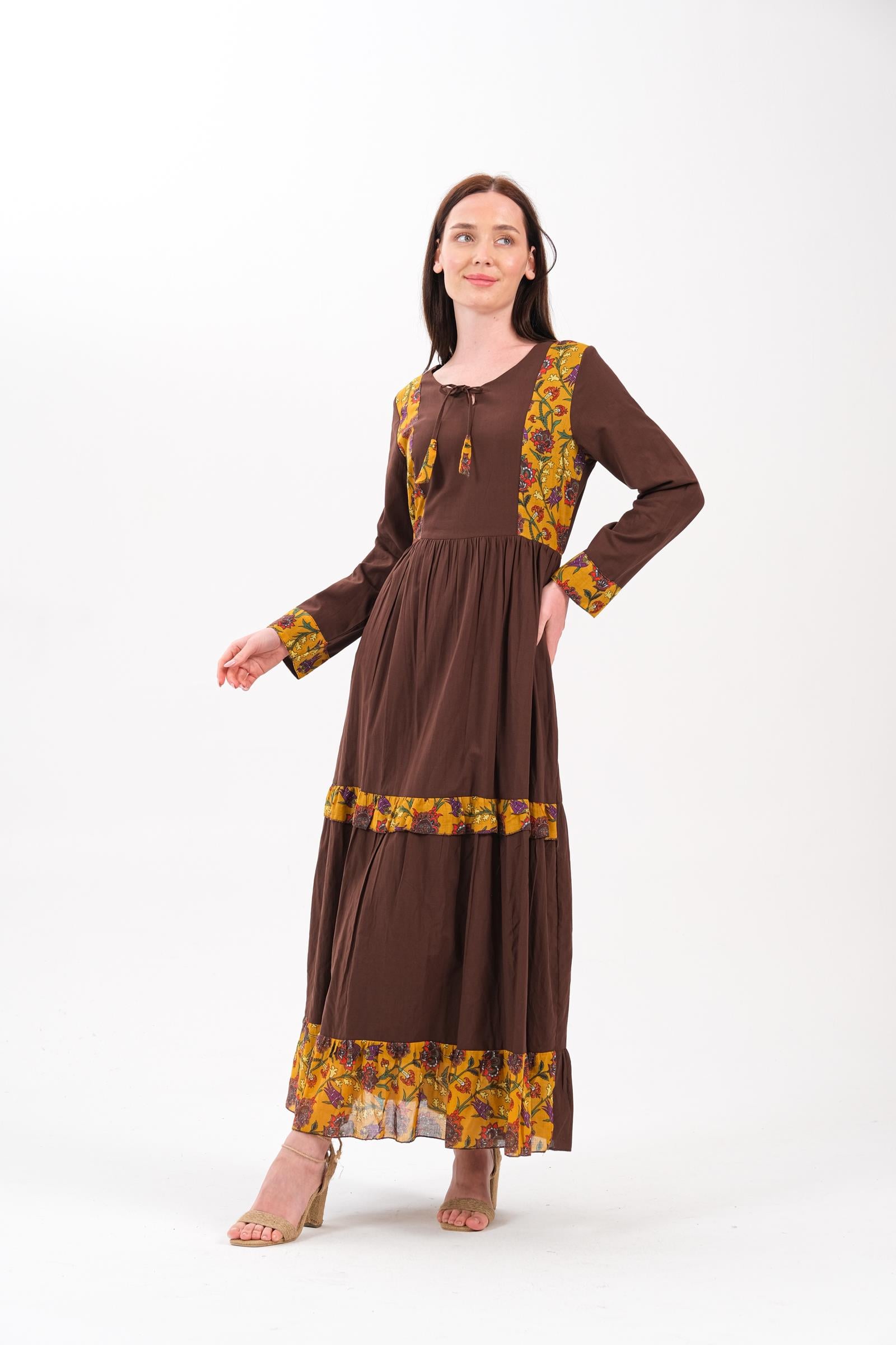4562 Desenli Otantik Kahverengi Elbise 