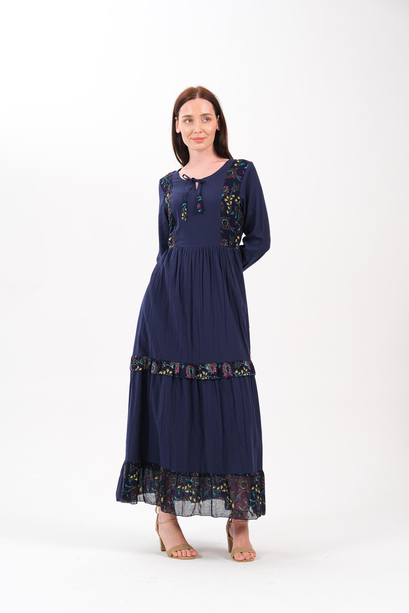 4562 Desenli Otantik Lacivert Elbise 