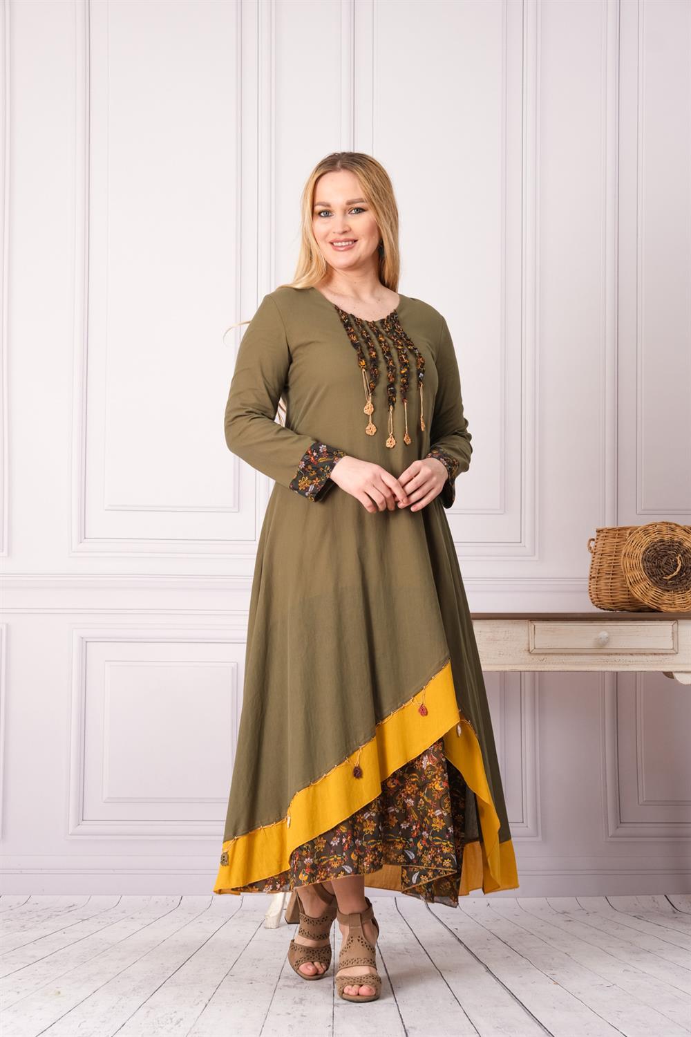 4566 Haki Uzun Elbise