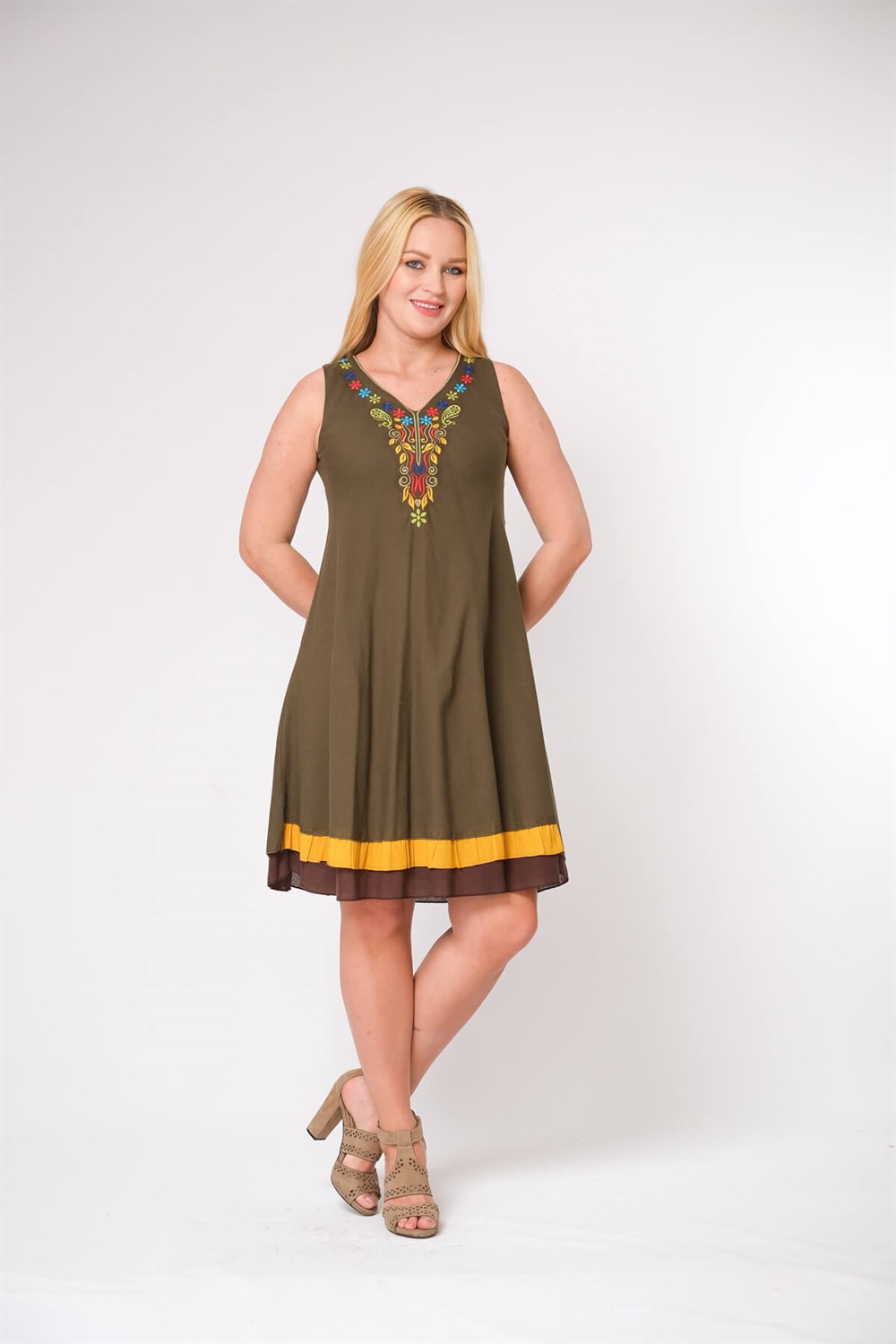 4603 Haki Nakışlı Elbise