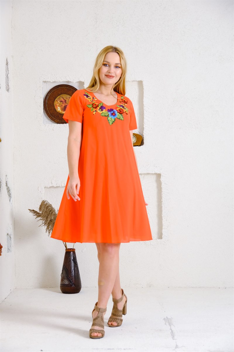 4614 Turuncu Nakışlı Elbise