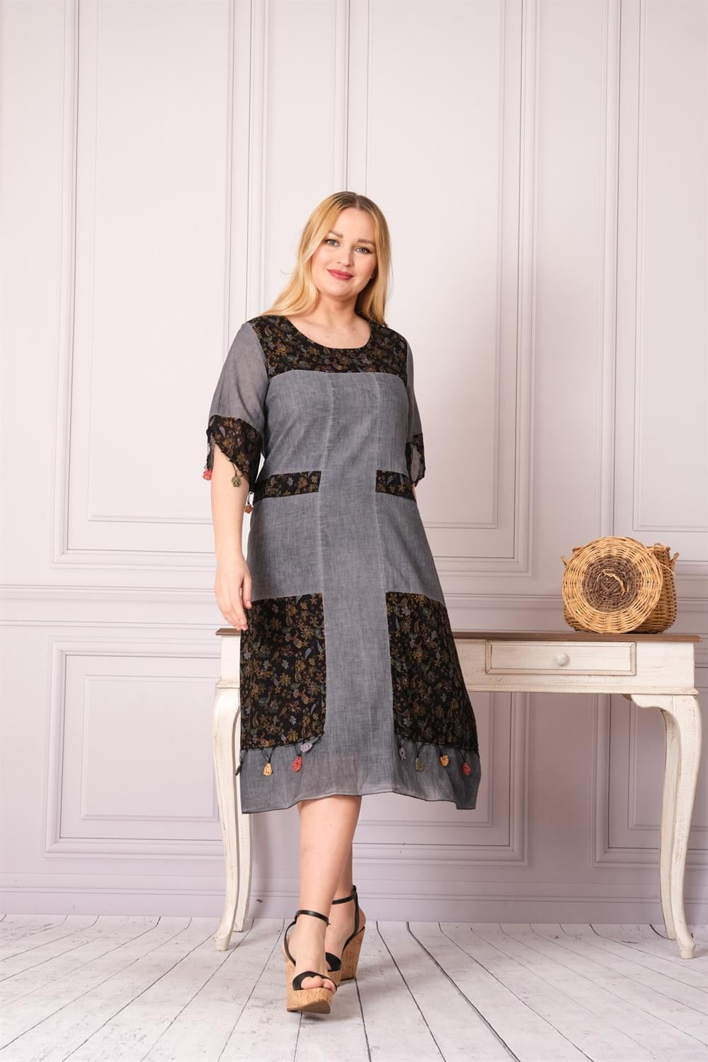 4664 Antrasit Yıkamalı Elbise