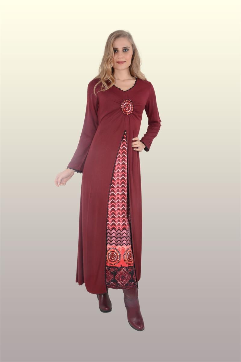 Otantik Giyim-Büzgülü Desenli Elbise-703-Bordo