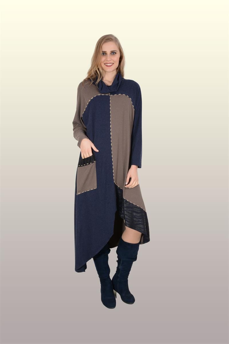 Otantik Giyim-710-Yarasa Degaje Elbise-Vizon-Lacivert