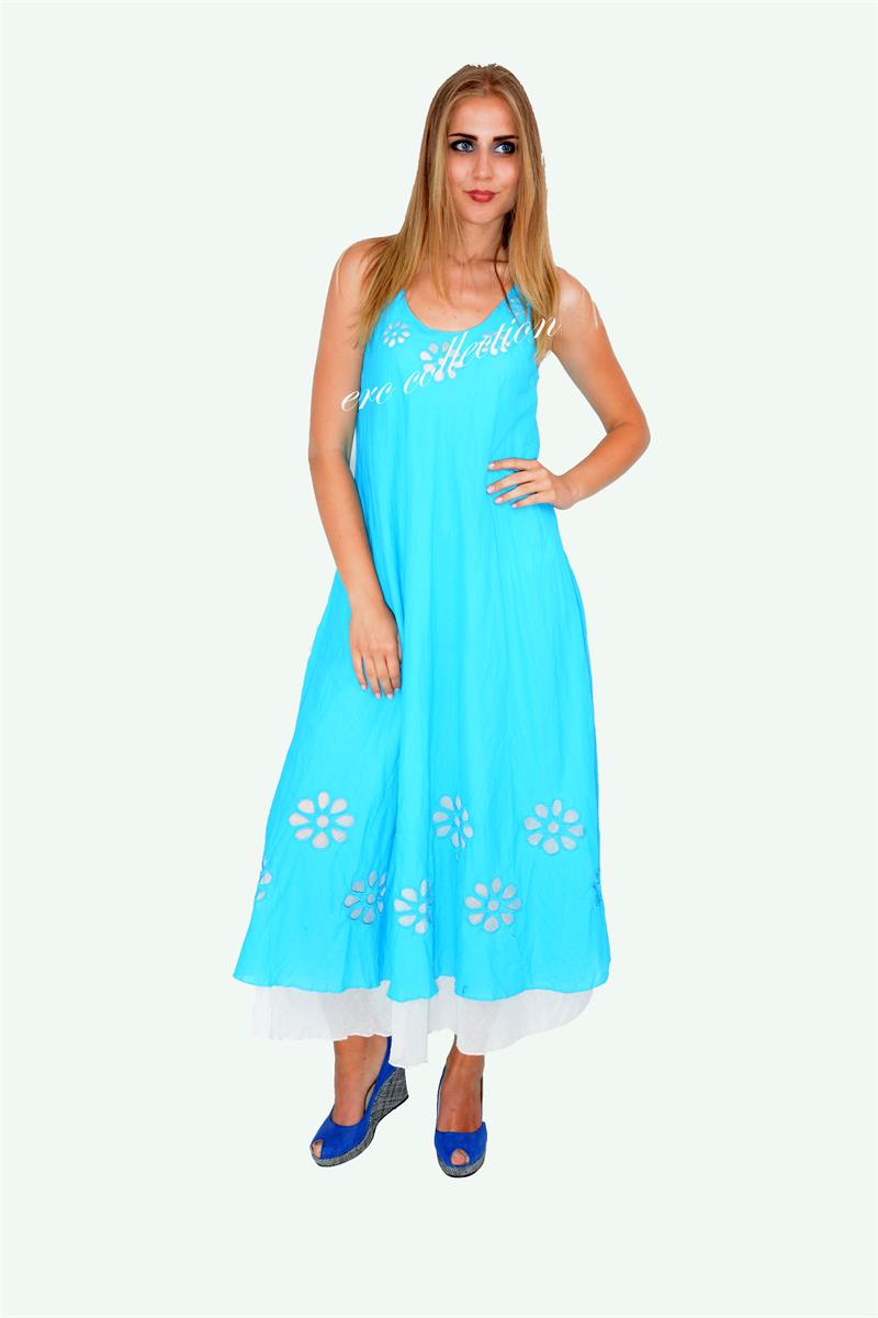 547-OTANTİK PAPATYALI ELBİSE TURKUAZ