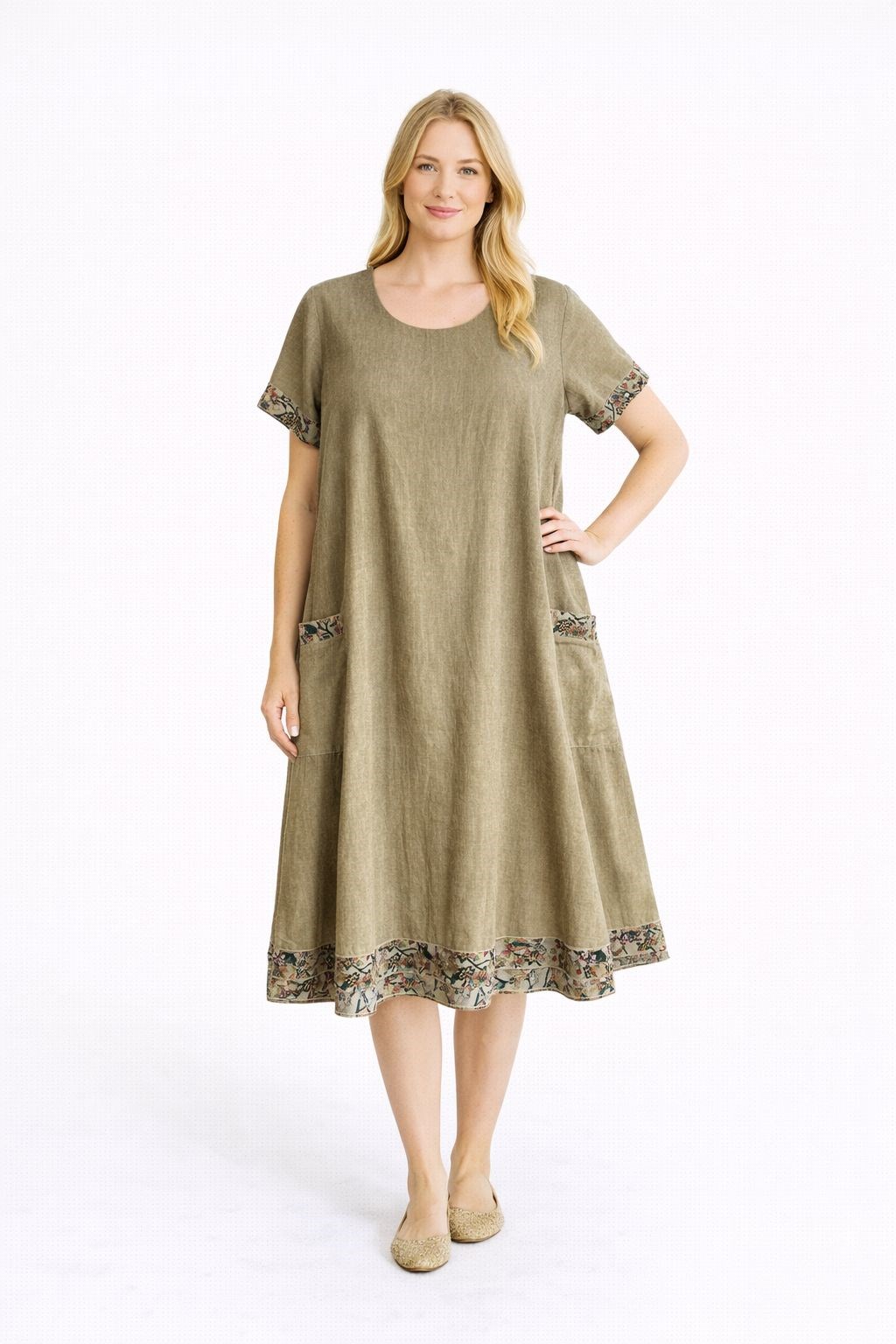 523 Desenli Haki Battal Elbise