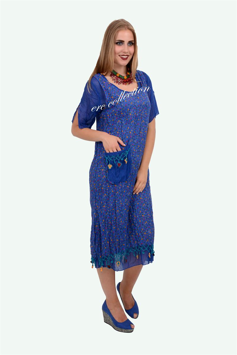 2083-OTANTİK ÇITIR DESEN ELBİSE SAX