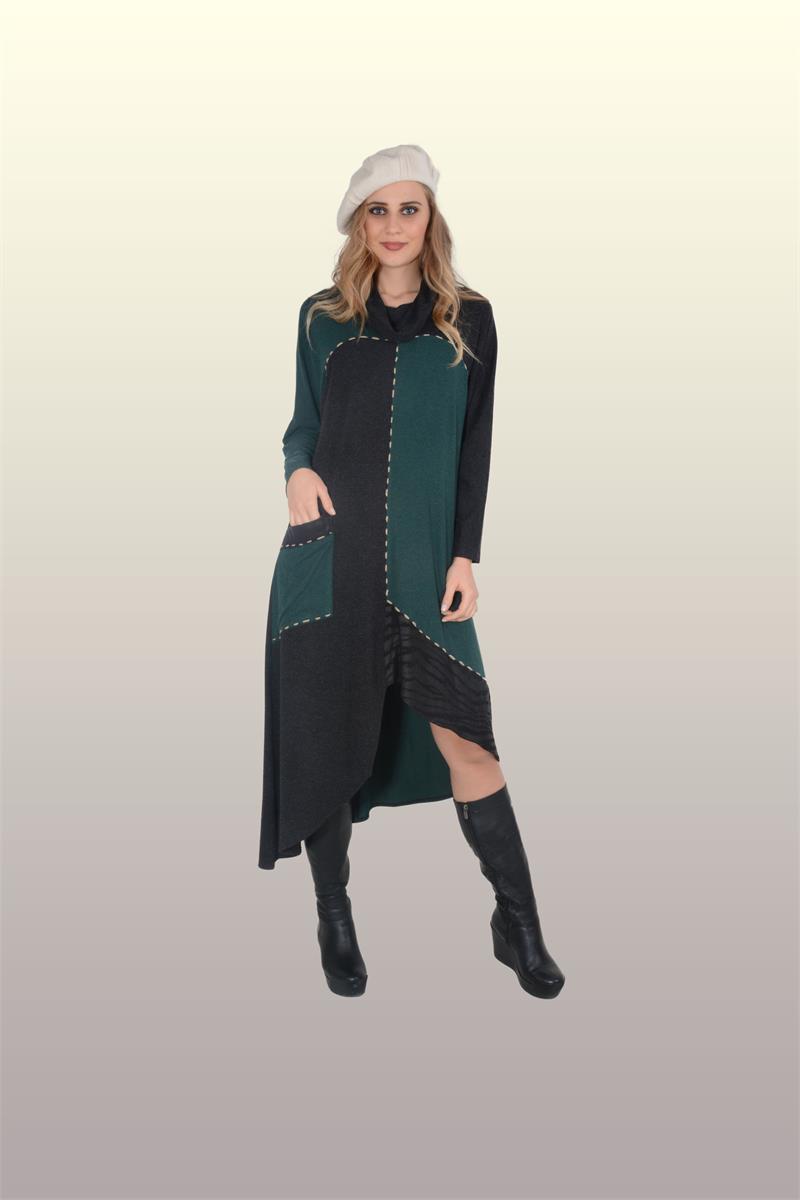 Otantik Giyim-710-Yarasa Degaje Elbise-Yeşil-Siyah