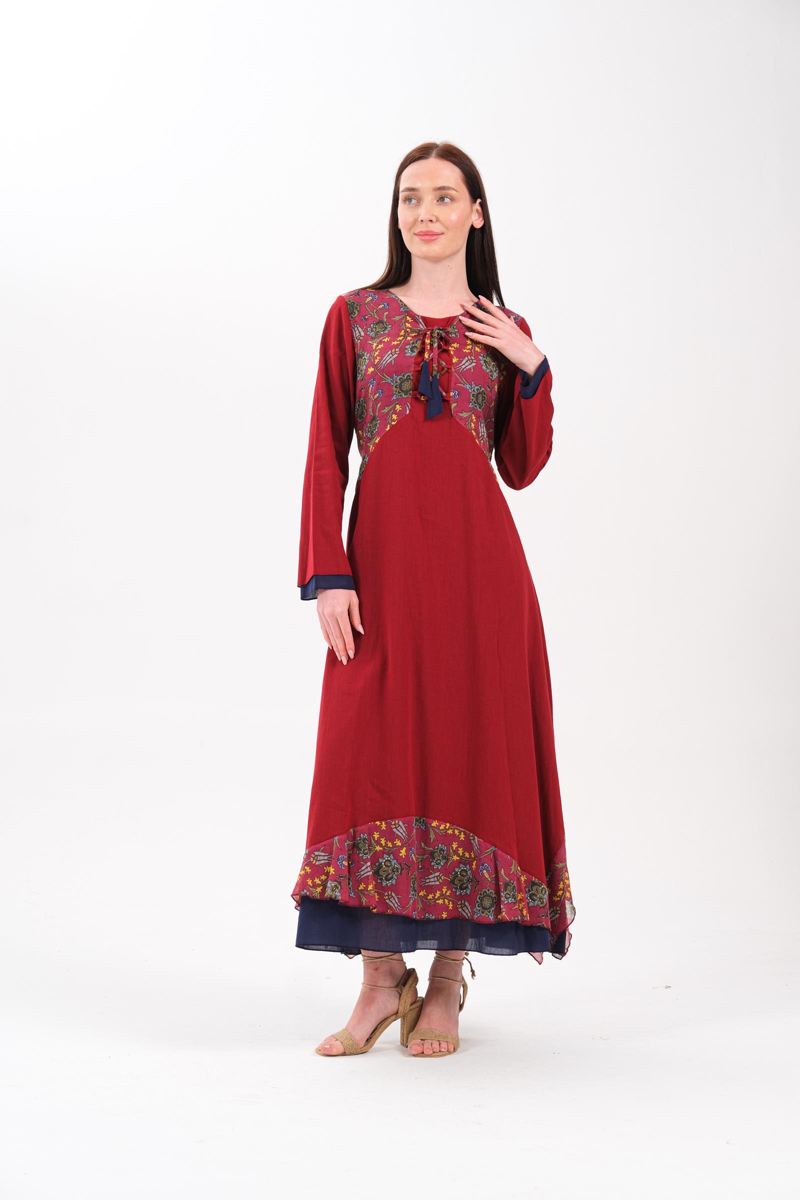 8009 Desenli Otantik Bordo Elbise