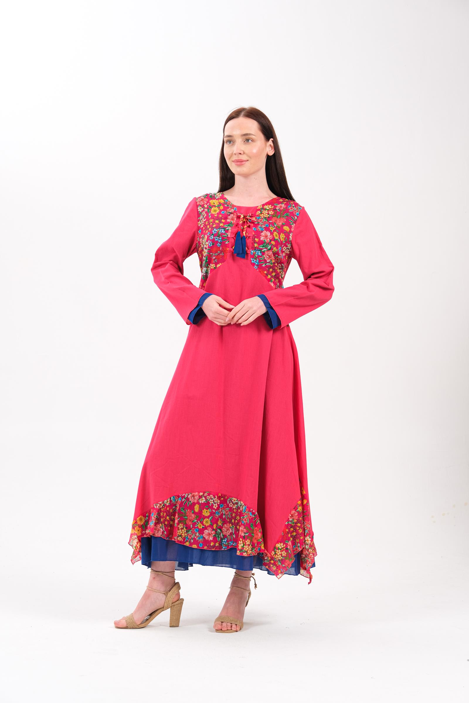 8009 Desenli Otantik Fusya Elbise