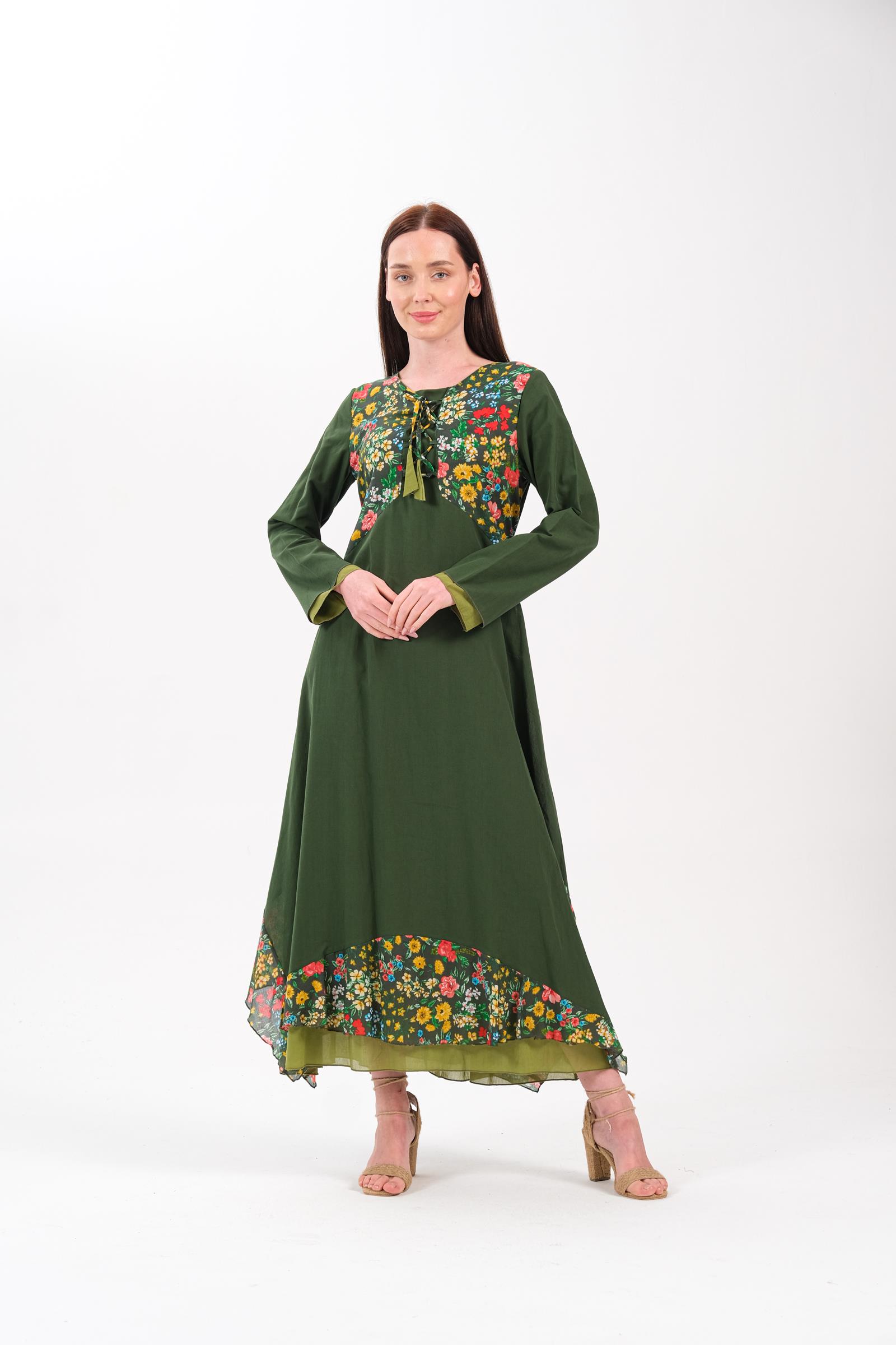 8009 Desenli Otantik K.Yeşil Elbise 