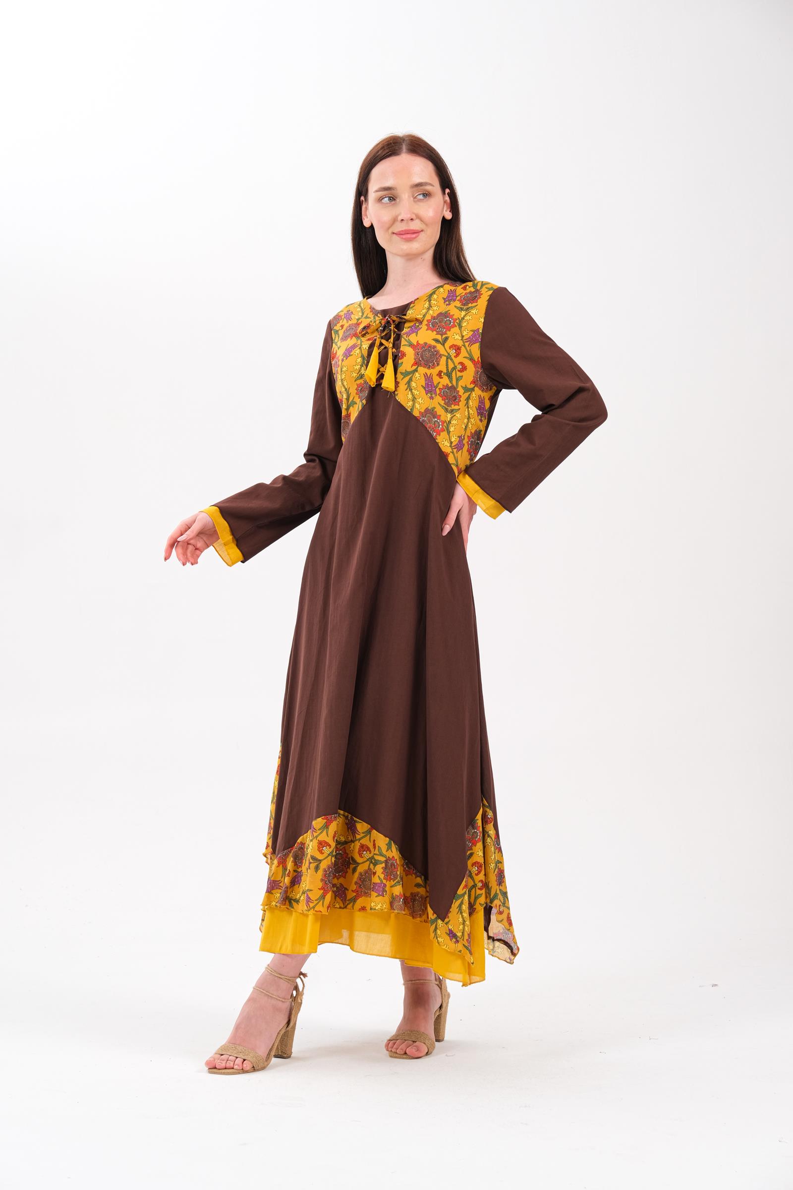 8009 Desenli Otantik Kahverengi Elbise