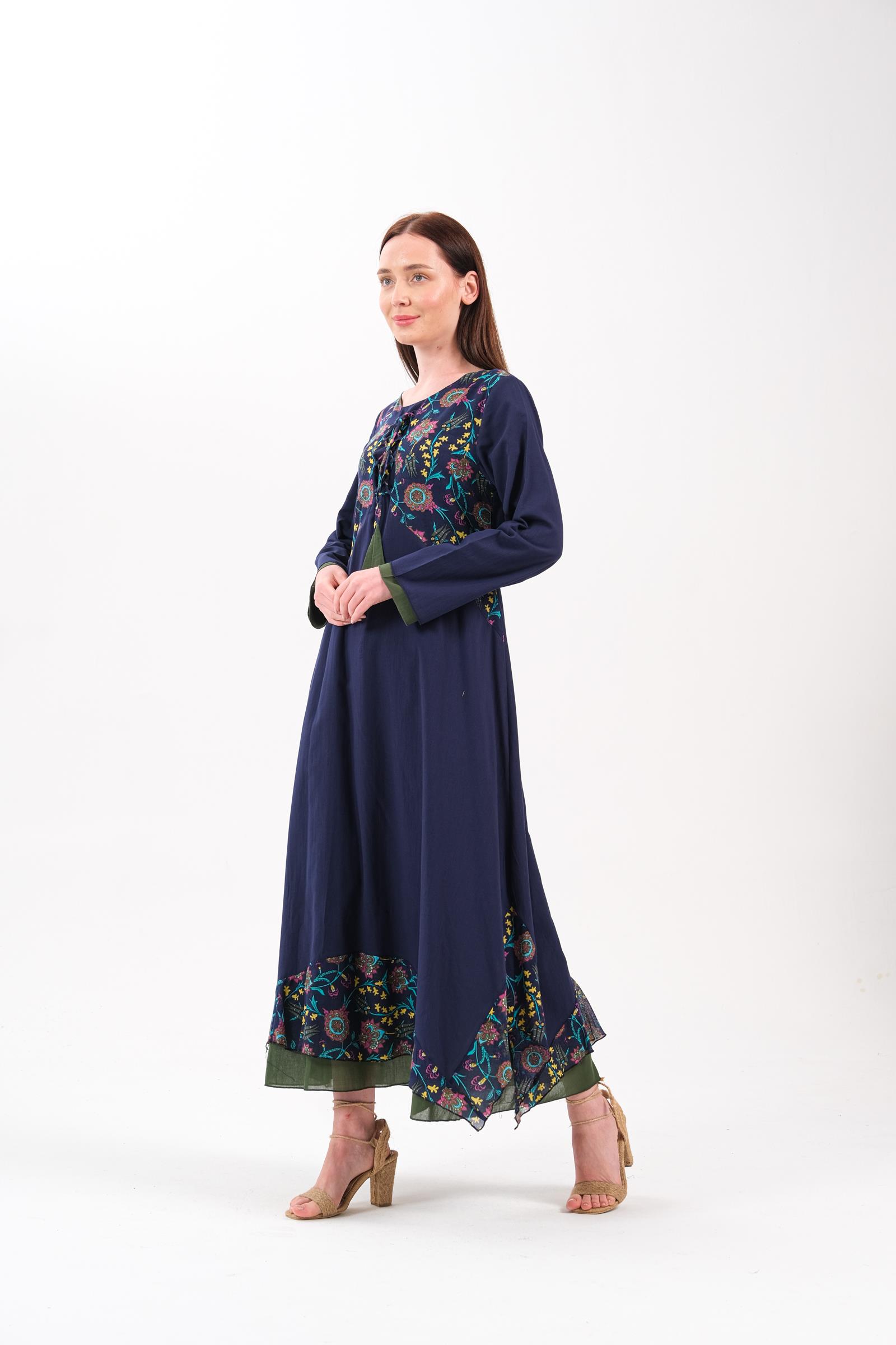 8009 Desenli Otantik Lacivert Elbise