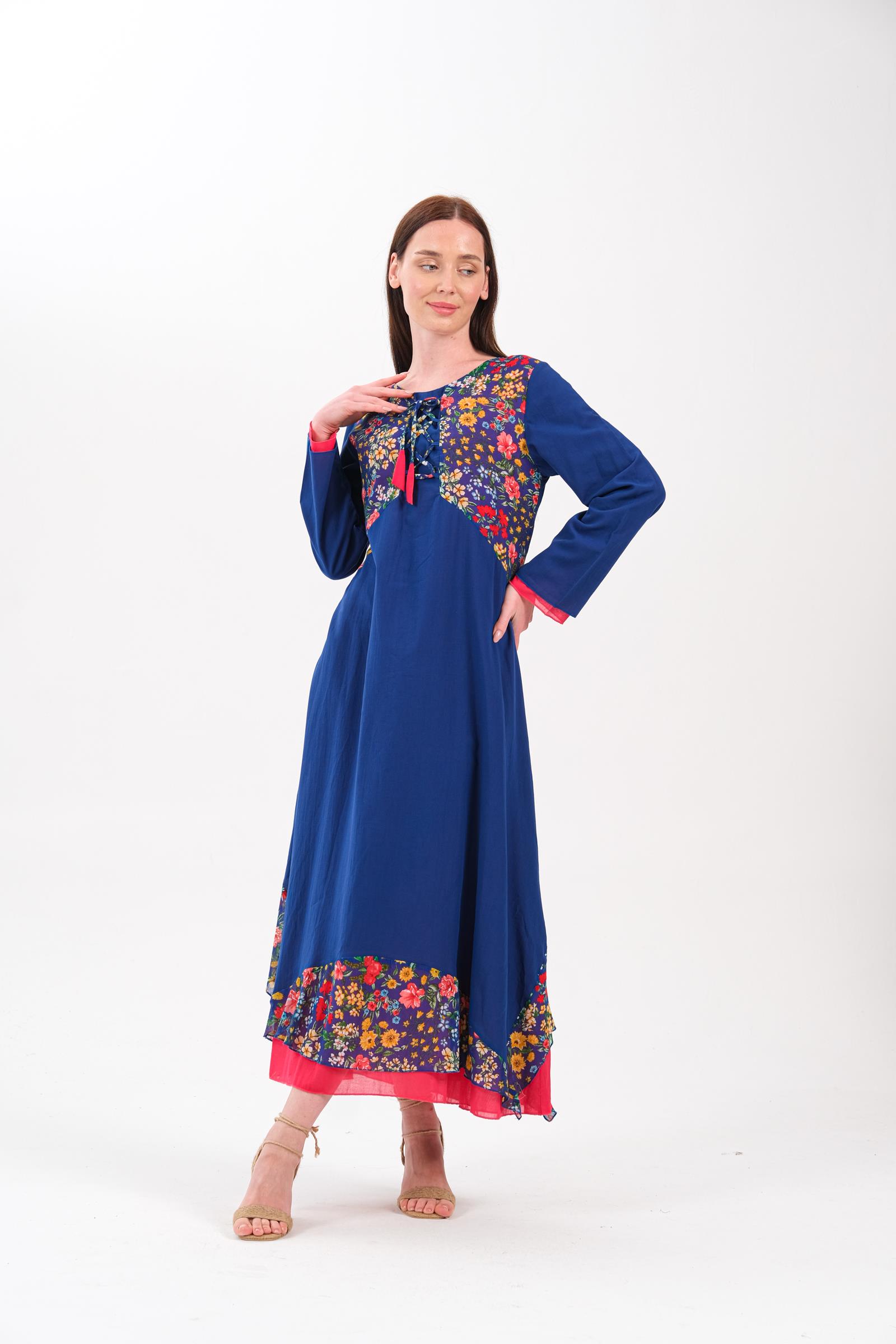 8009 Desenli Otantik Saks Elbise