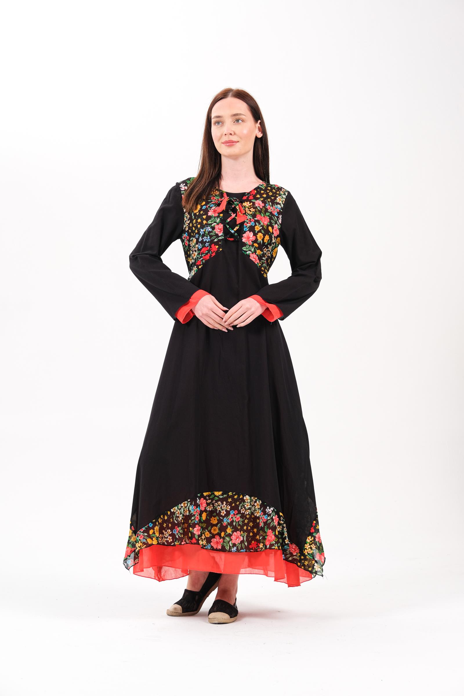 8009 Desenli Otantik Siyah Elbise