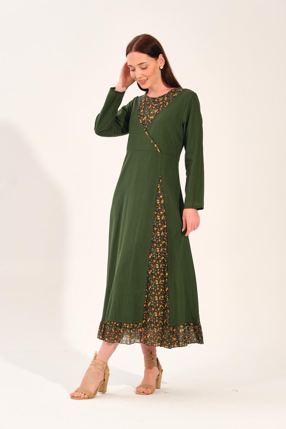 8010 Otantik Kruvaze K.Yeşil Elbise