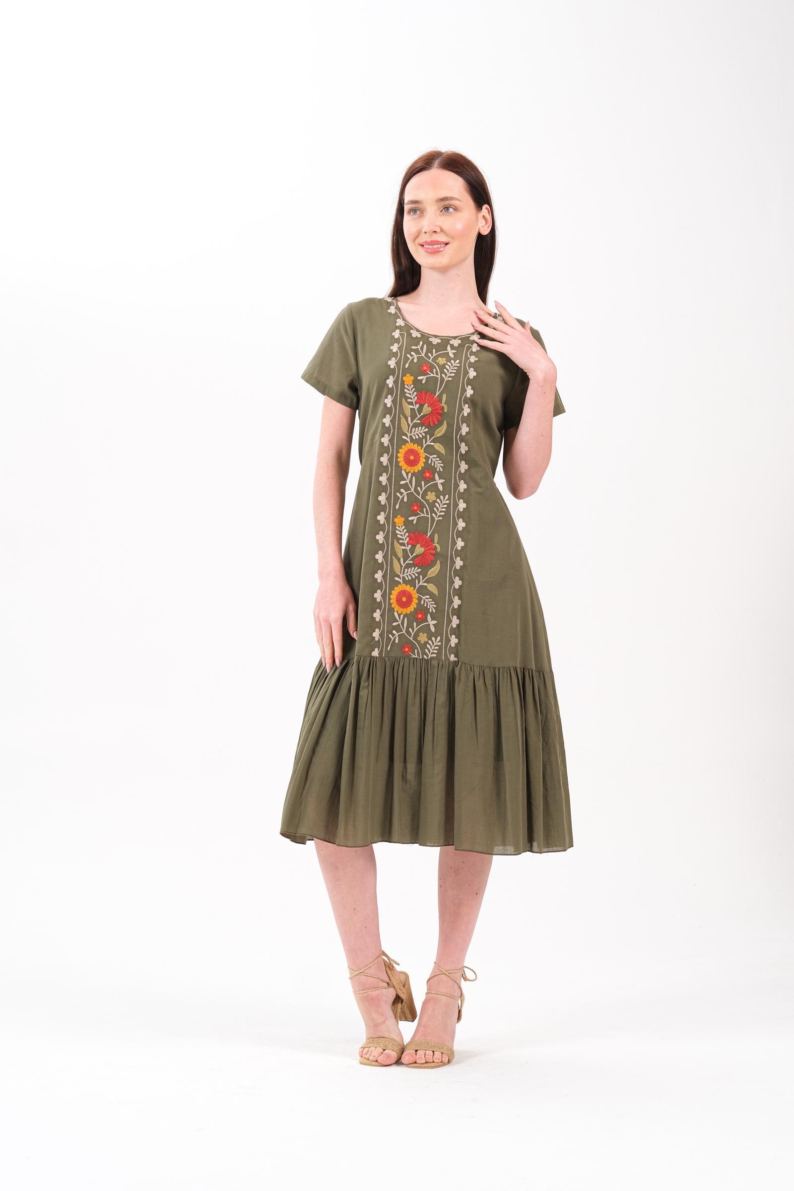 8012 Nakışlı Haki Elbise