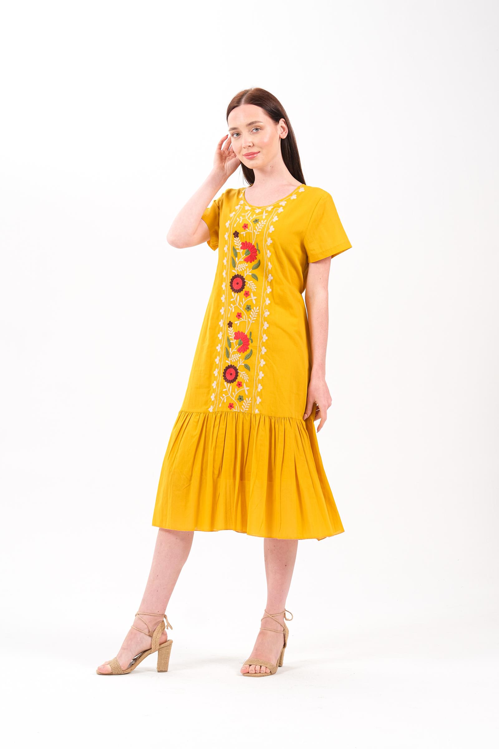 8012 Nakışlı Hardal Elbise