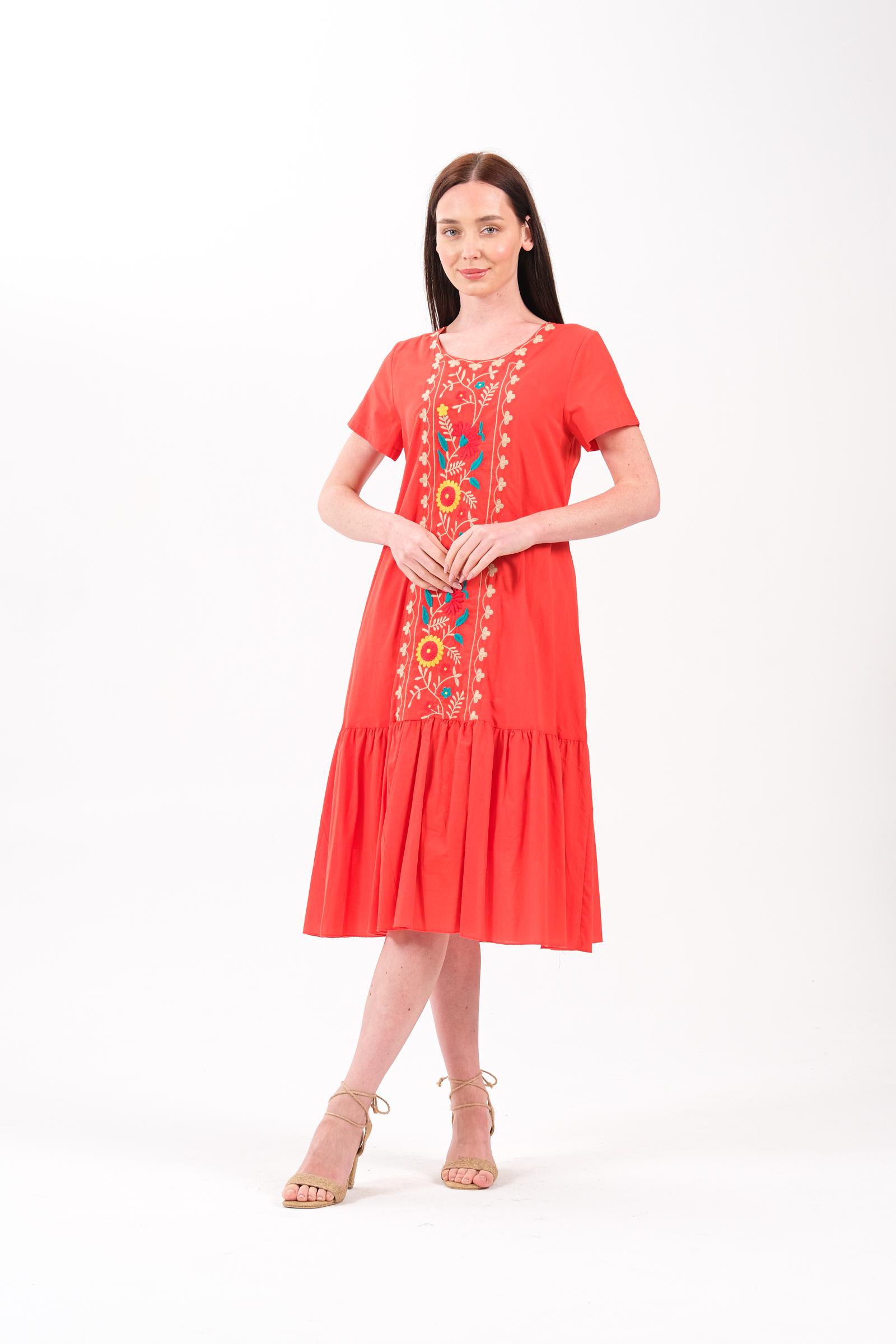 8012 Nakışlı Mercan Elbise