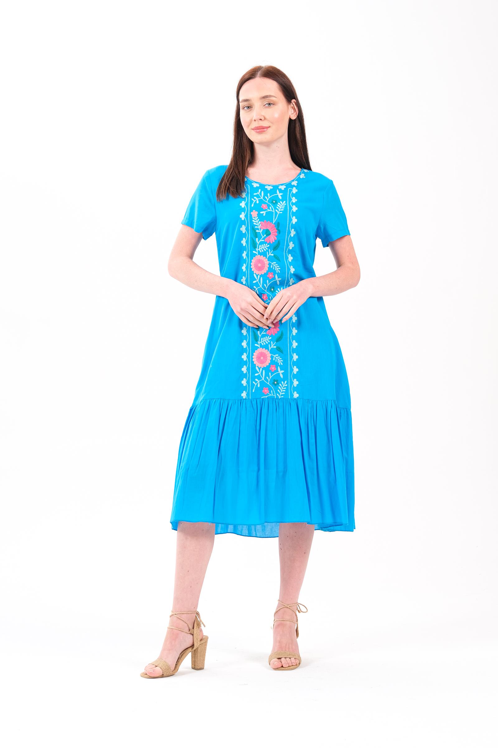 8012 Nakışlı Turkuaz Elbise