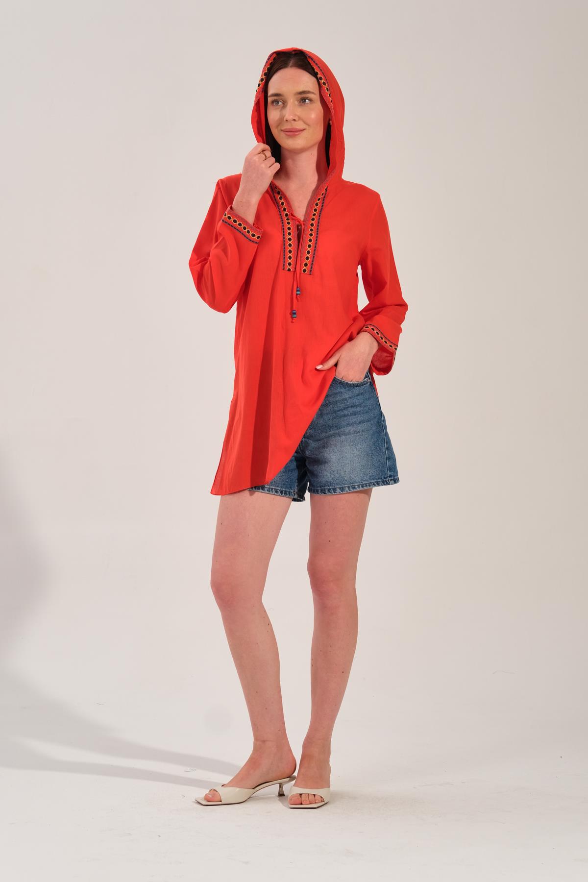 8019 Nakışlı Mercan Pareo&Bluz