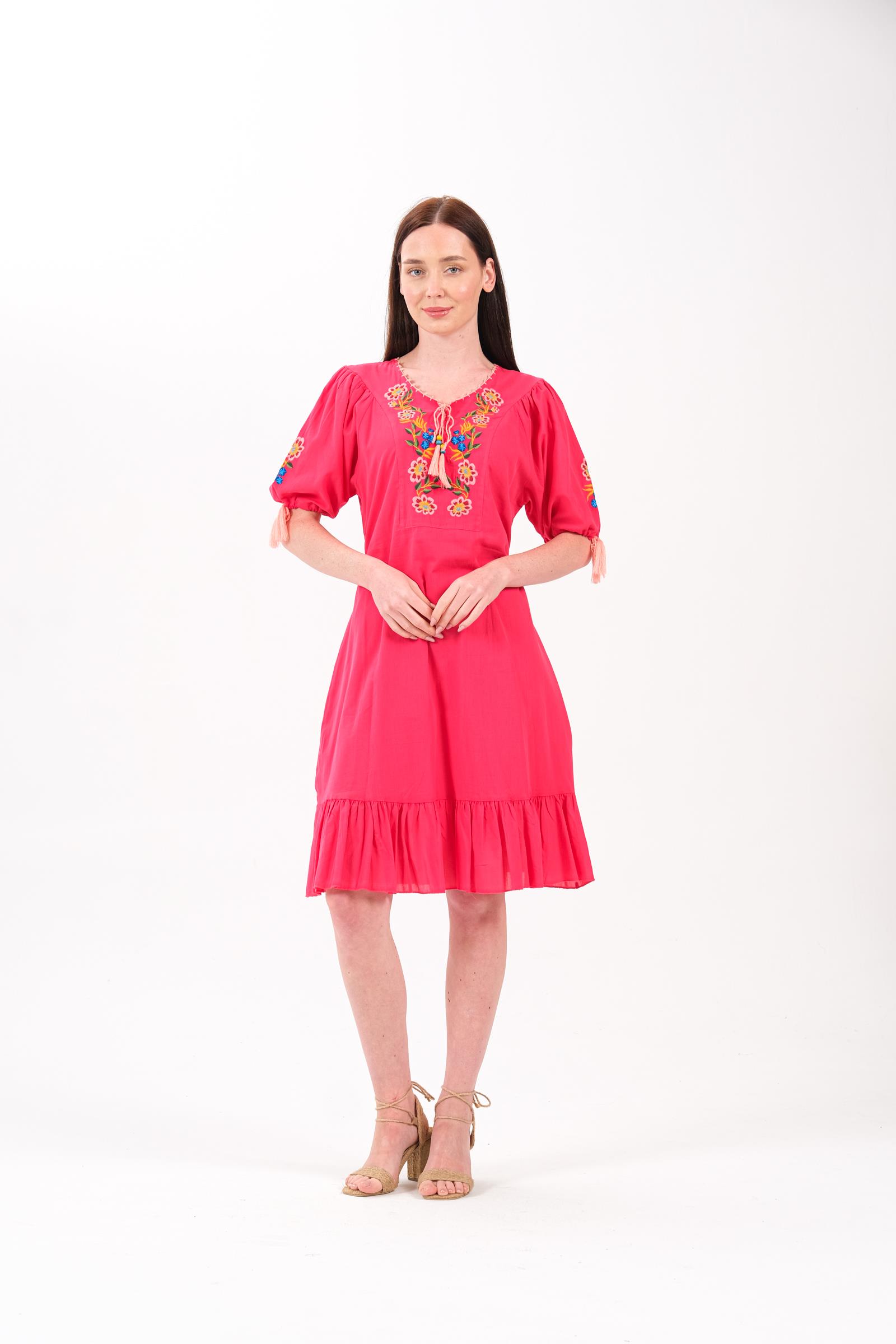 8022 Fuşya Nakışlı Elbise