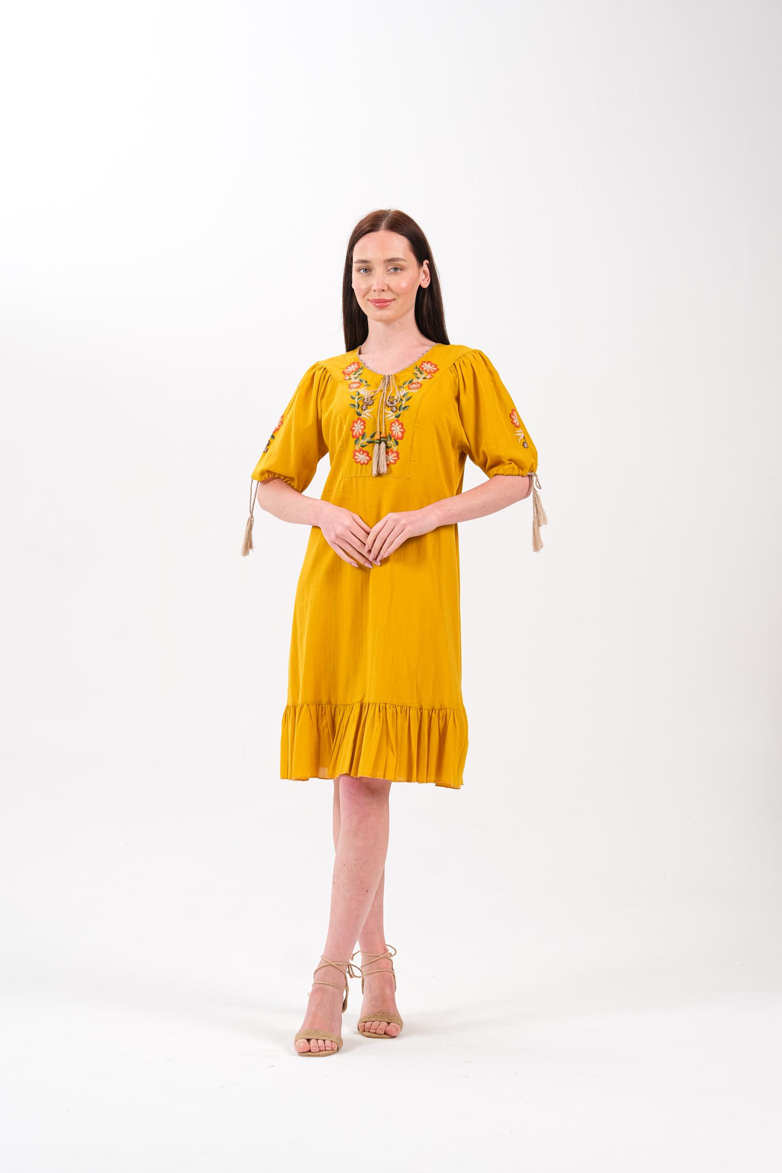 8022 Hardal Nakışlı Elbise