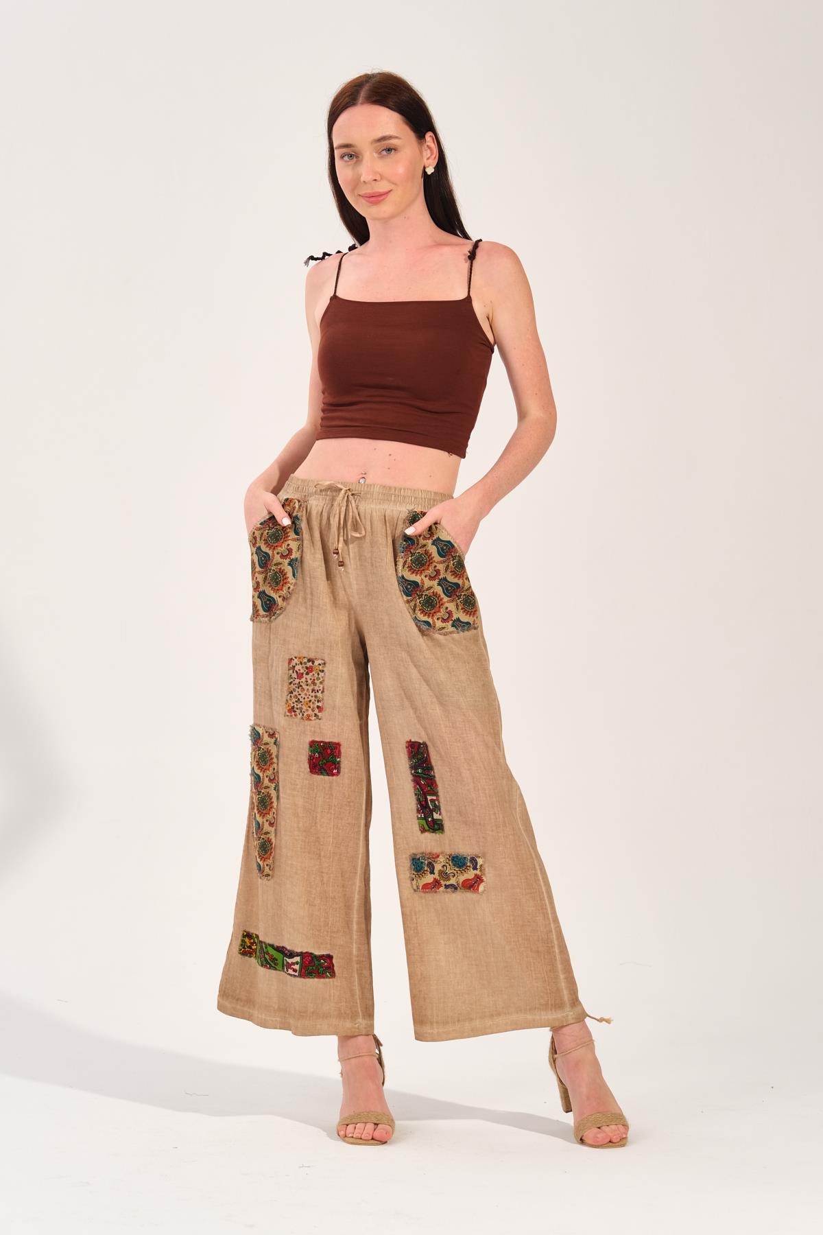 8032 Yıkamalı Peçli Camel Pantolon