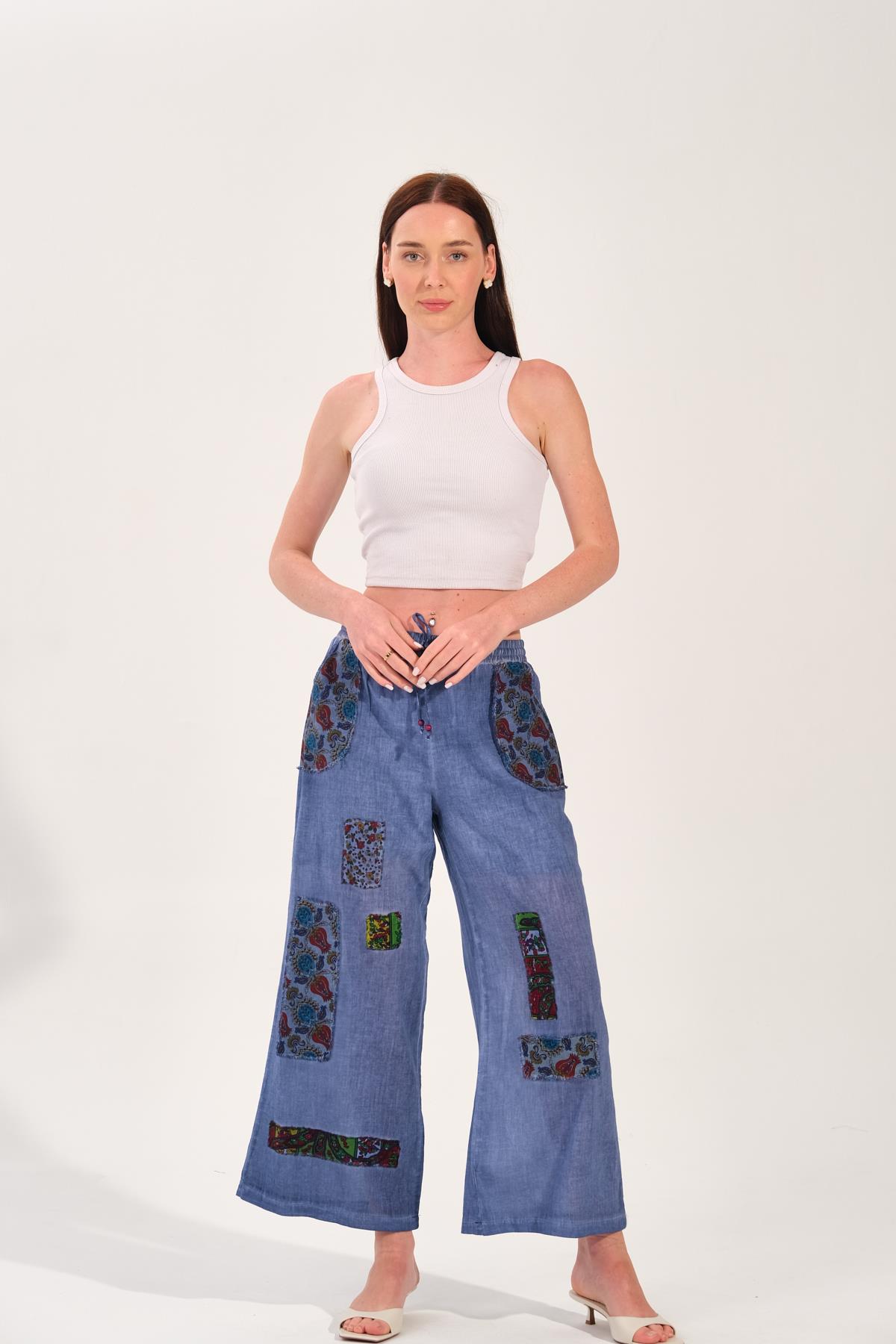 8032 Yıkamalı Peçli İndigo Pantolon