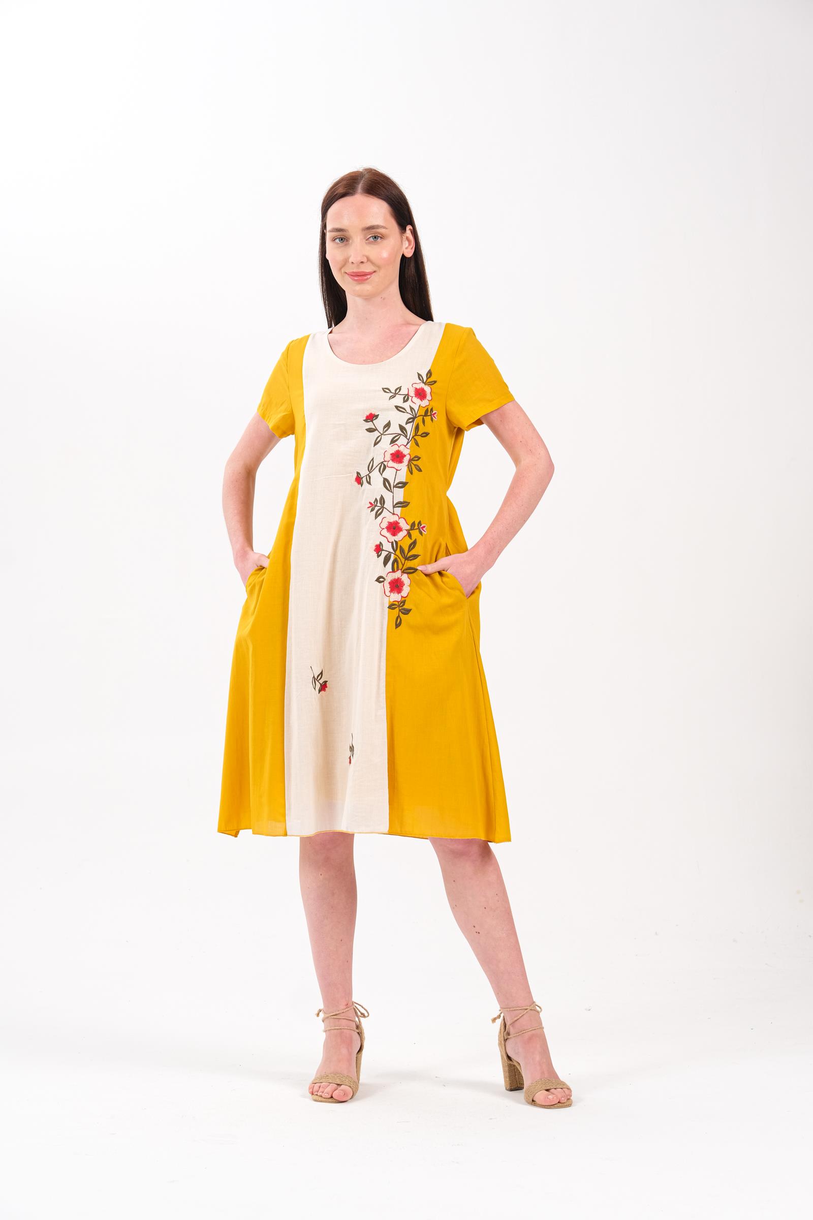 8040 Hardal Nakışlı Elbise