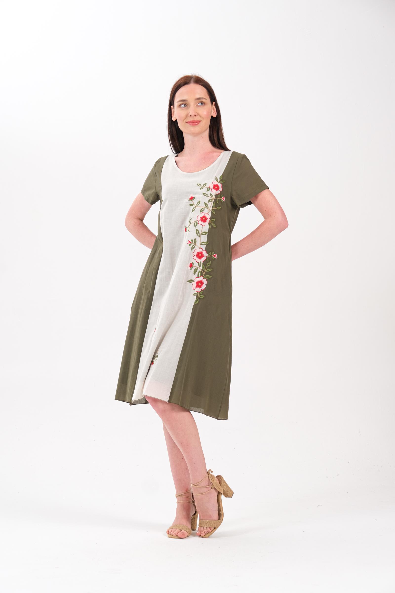 8040 Nakışlı Haki Elbise