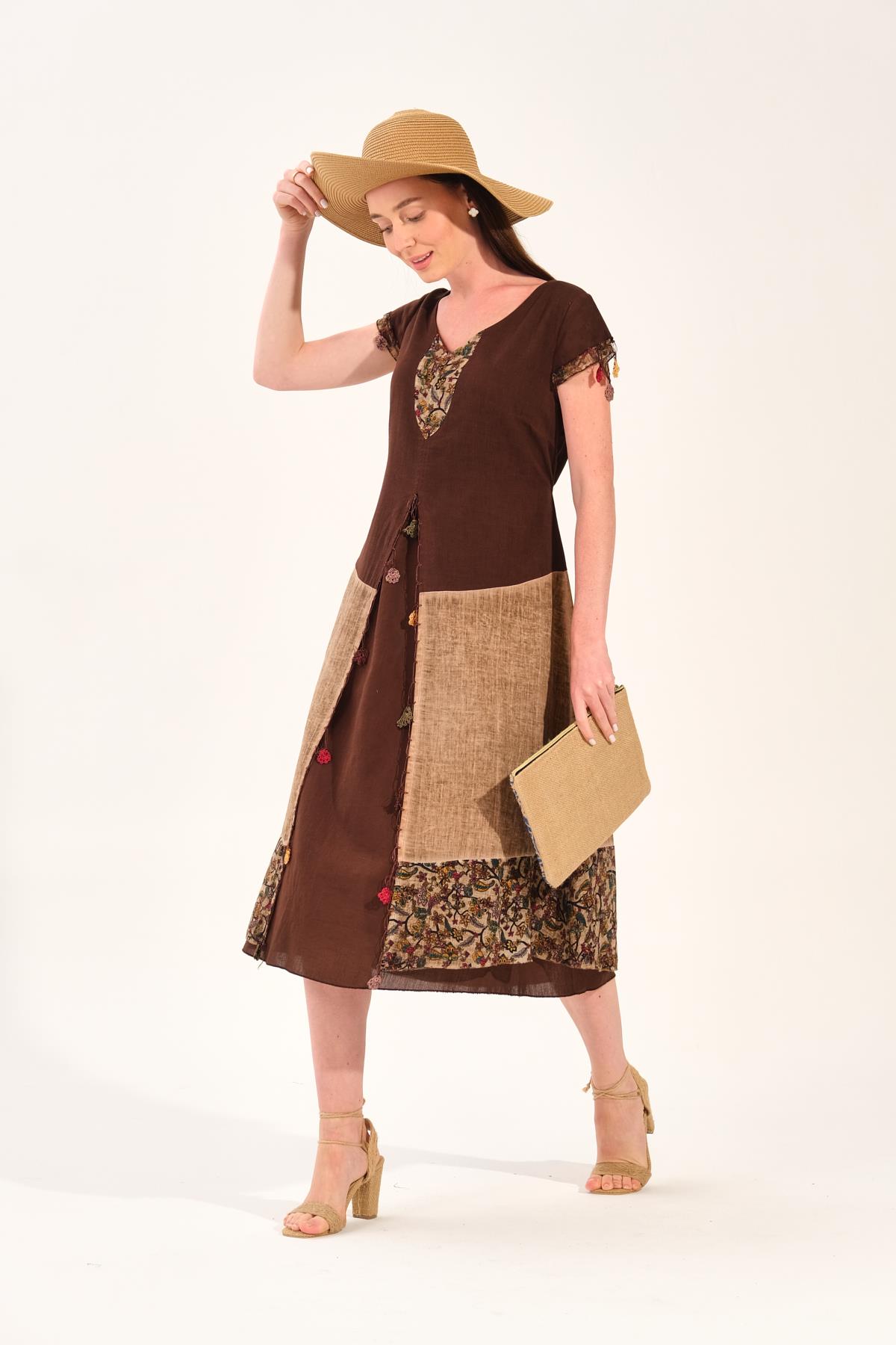 8042 Camel Otantik Elbise