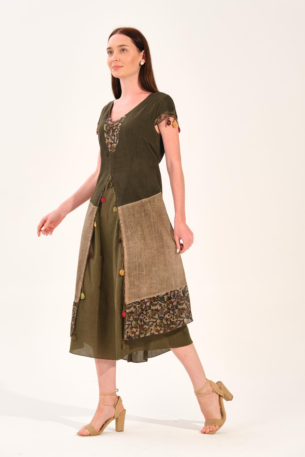 8042 Haki Otantik Elbise