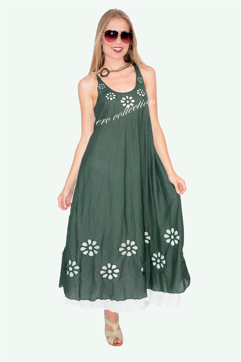 547-OTANTİK PAPATYALI ELBİSE KOYU YEŞİL