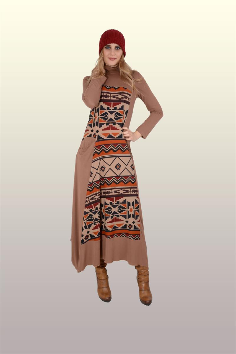 Otantik Giyim-715-Etnik Desenli Elbise-Tarçın
