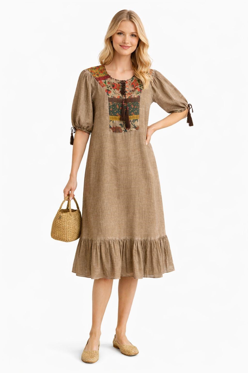 9028 Püsküllü Camel Elbise