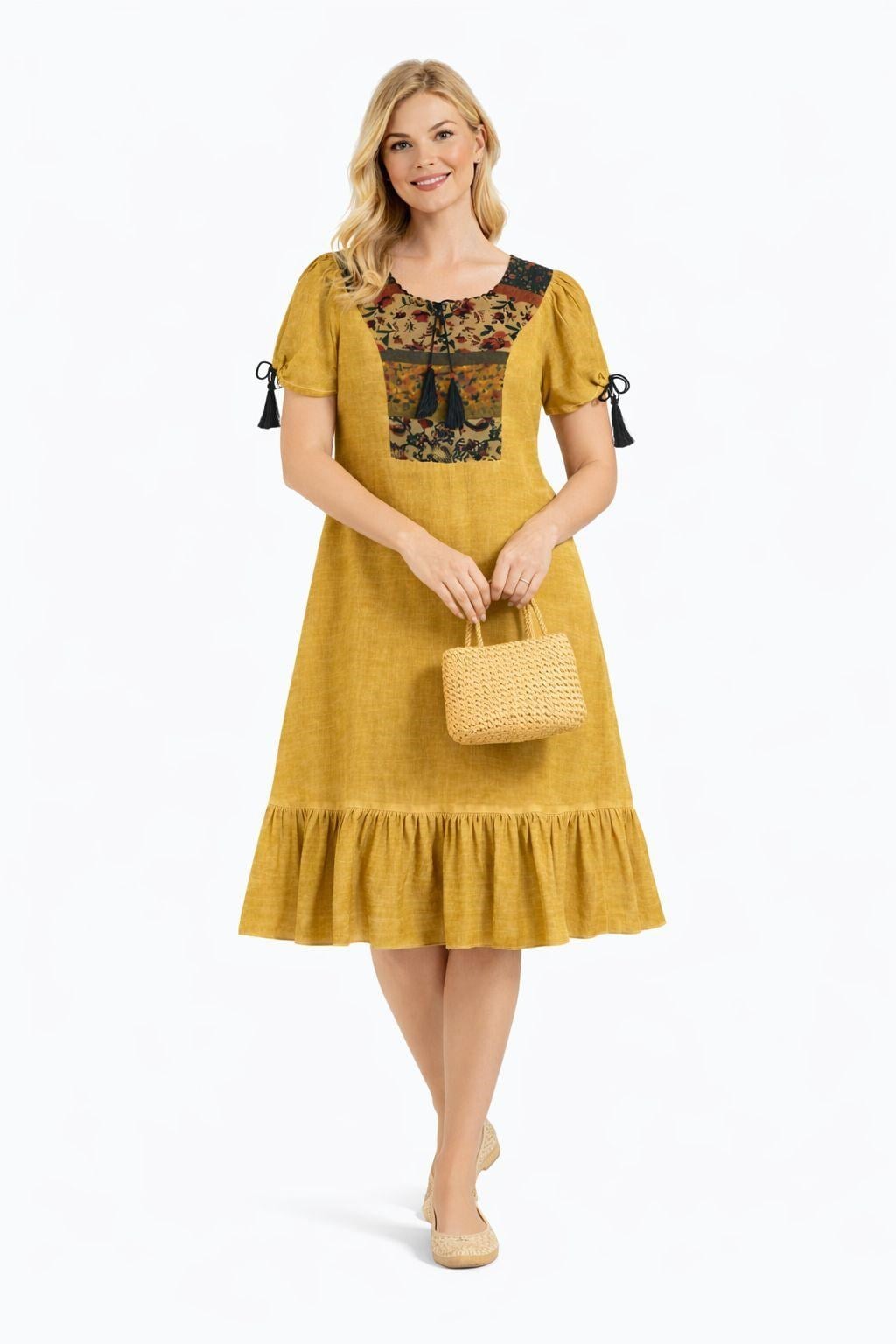 9028 Püsküllü Hardal Elbise