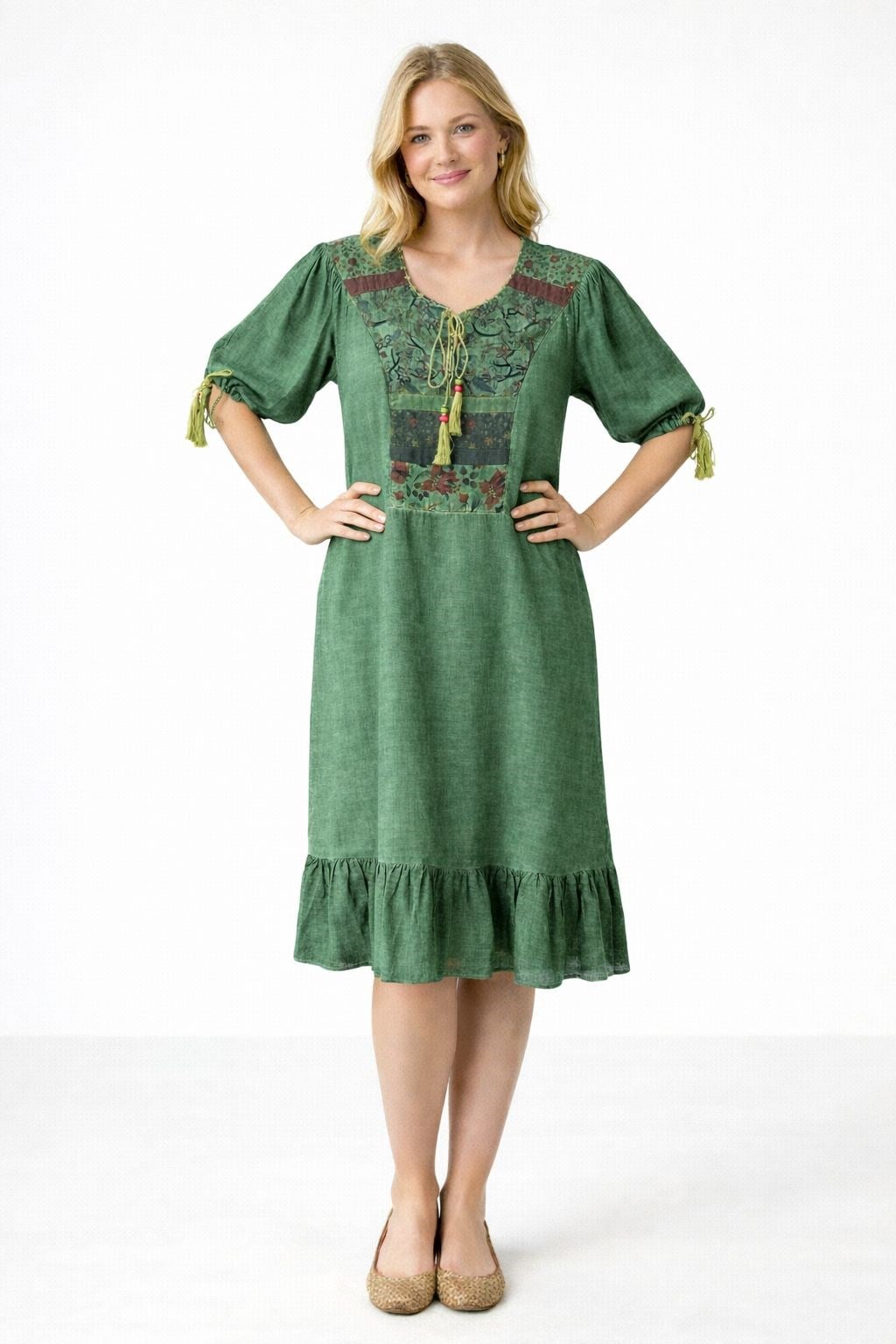 9028 Püsküllü Koyu Yeşil Elbise