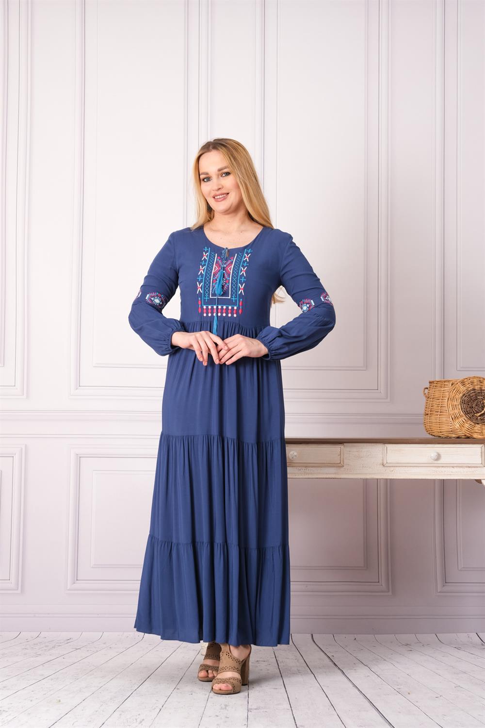 9041 İndigo Uzun Elbise