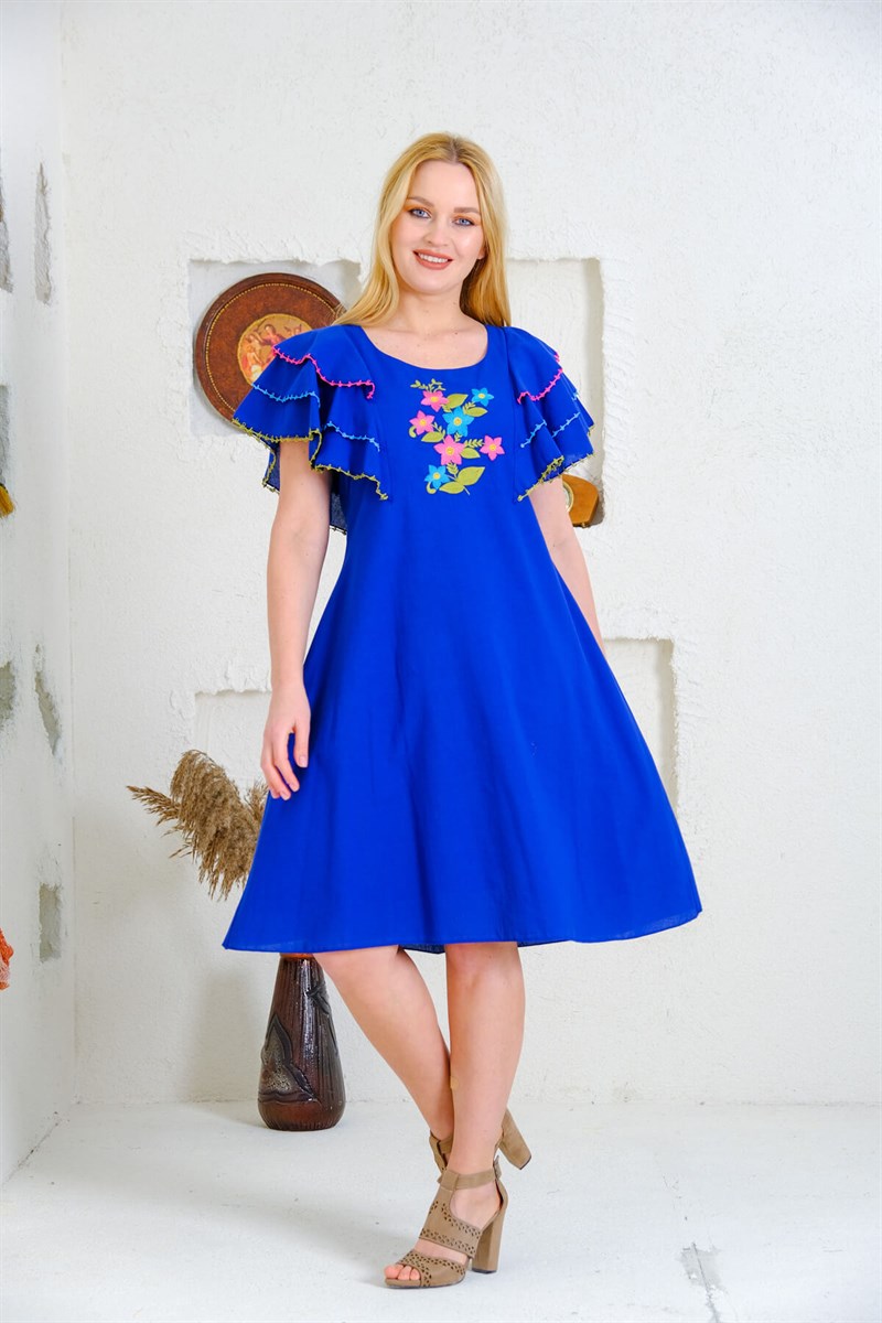 9059 Saks Nakışlı Elbise