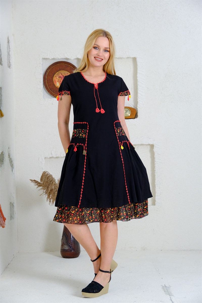 9064 Siyah Otantik Elbise