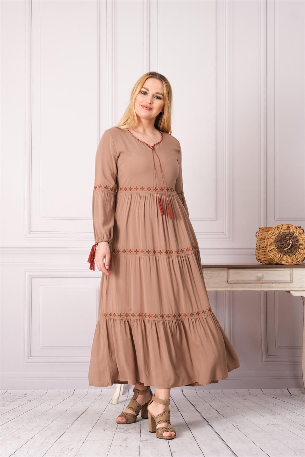 9071 Camel Uzun Elbise