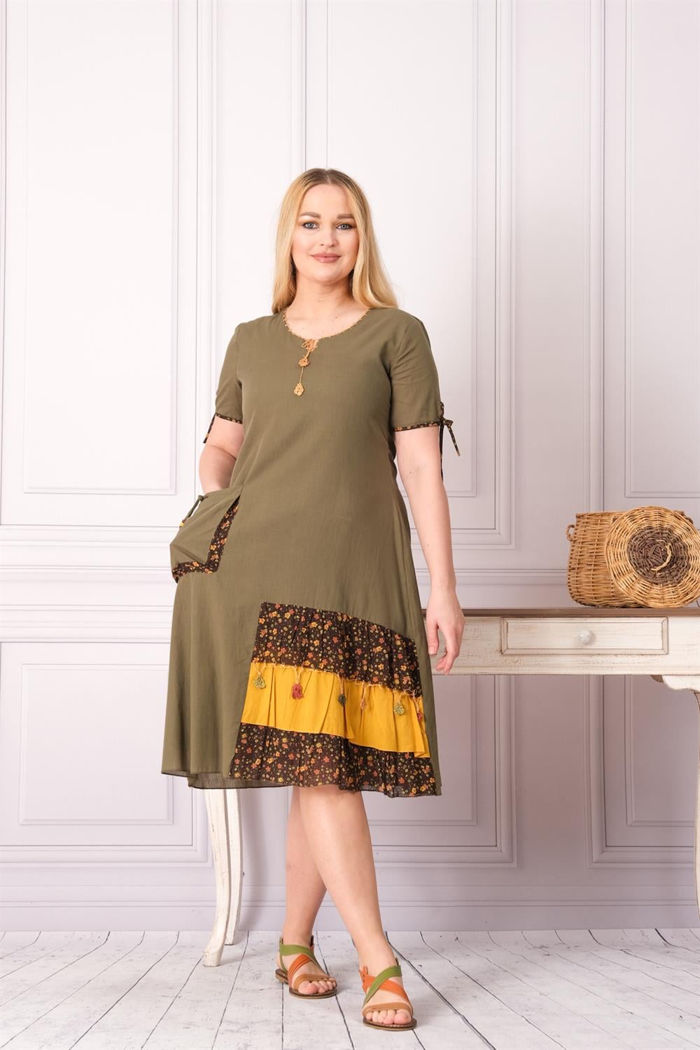 9087 Haki Otantik Elbise